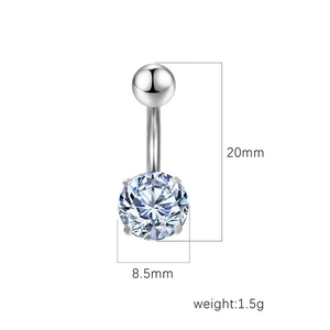 Polished stainless steel belly ring with clear round zircon and 20mm bar length
