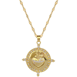Luxurious gold stainless steel apple flower necklace with sparkling pave crystal heart pendant