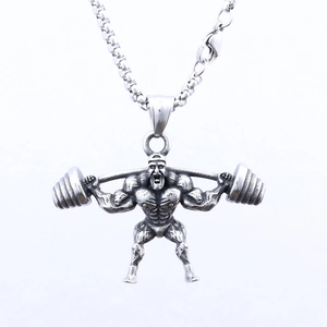Retro stainless steel barbell lifting pendant necklace for men with vintage finish