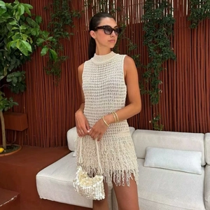 Robe Courte Sans Manches En Tricot Pour Femmes Ajourée Col Rond Ourlet À Franges Vacances Élégant Mode