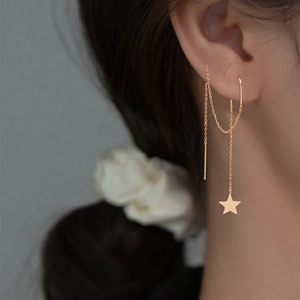 Close-up of elegant gold tassel star earrings with long chains worn on a model's ear