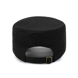 Black canvas cadet cap with flat top and adjustable metal brass buckle on the back view