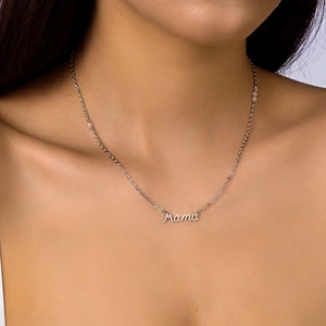 Close-up of Mama script pendant necklace on model showcasing elegant minimalist design