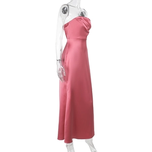 Side view of pink strapless satin maxi dress with silky texture on a white background