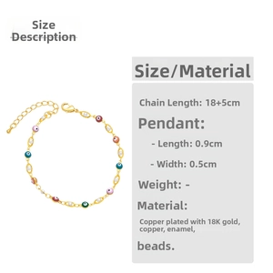 Detail view of Evil Eye bracelet with dimensions 18+5cm and colorful beads in gold finish
