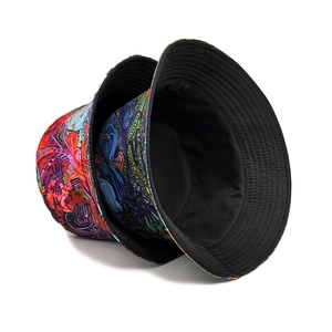 Detail of psychedelic abstract print fisherman hat with durable canvas and black lining