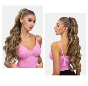 Front and back view of long wavy golden brown ponytail extension for women