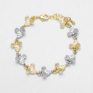 18k gold plated bee bracelet with white enamel and sparkling zircon pave crystals