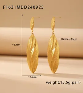 Detail showing 8.1cm long striped shell texture drop earrings in 18k gold plated steel