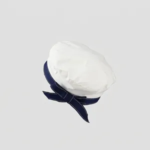 Japanese style white JK beret with navy bow sailor hat in breathable cotton fabric