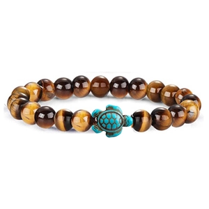 Tiger eye stone bead bracelet featuring a turquoise sea turtle charm for men and women