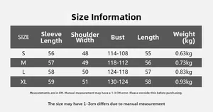 Tableau des tailles pour veste en cuir PU ample avec mesures du buste et des manches