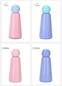 Four minimalist stainless steel thermal bottles with unique spherical caps in pastel colors