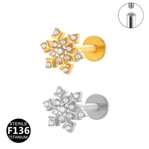 Internal thread detail of G23 titanium snowflake labret stud with crystal inlay