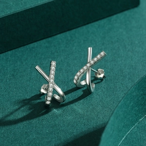 Polished S925 sterling silver X-shaped stud earrings with sparkling white cubic zirconia