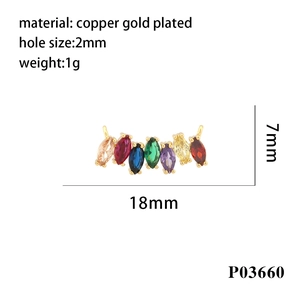Macro detail of 18K gold plated charm with colorful marquise zircons and dimensions