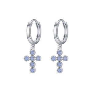 Elegant s925 silver hoop earrings with purple opal cross pendant on white background