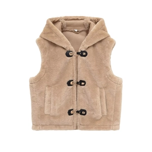 Women's camel hooded faux fur vest featuring stylish leather buckles and soft texture
