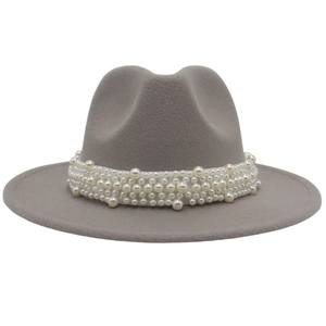 Elegant Wool Felt Fedora Hat With Wide Brim Artificial Pearl Band Retro British Style Jazz Hat For Women