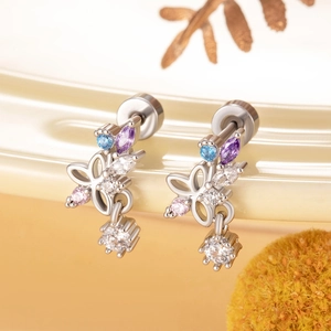 Cute floral zircon pendant stud earrings in silver titanium steel with colorful gemstones