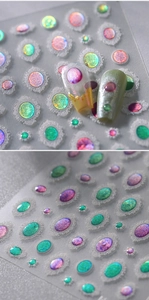 Detail of 3D embossed nail stickers with laser glitter effects and white lace patterns