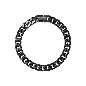 Close-up of black chunky Cuban chain bracelet with textured metal links and secure clasp