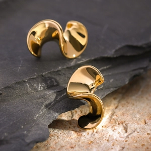 Polished 18k gold plated stainless steel S-shaped spiral earrings on textured stone