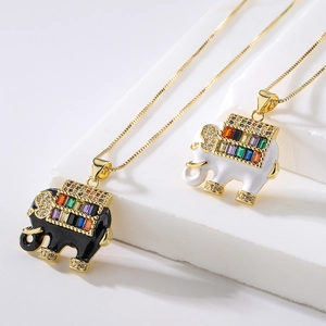 Gold elephant pendant necklace with colorful zircons and enamel finish for women