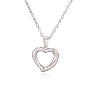 Elegant minimalist silver hollow heart pendant necklace for women on white background