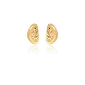 Macro view of gold spiral earrings with wrinkled texture and glossy metallic finish