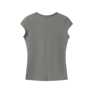 Macro detail of dark grey slim-fit sports t-shirt showing back seam and stretch fabric