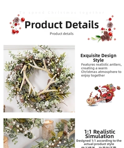 Detail of Christmas wreath with antlers, eucalyptus leaves, pine cones and festive berries
