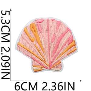 Detailed size chart for pink gradient shell embroidery patch showing 6cm x 5.3cm dimensions