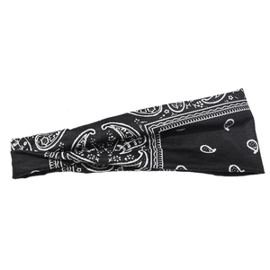Elastic men's sports headband with black and white paisley print for running and fitness