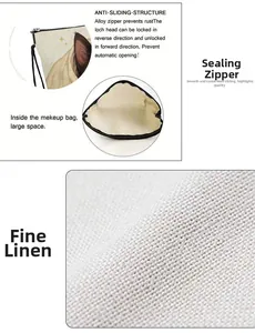 Detail of linen makeup bag showing high-capacity interior and smooth alloy zipper