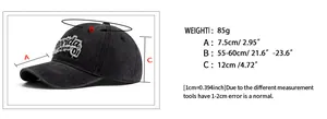 Size chart showing baseball cap dimensions including brim length and head circumference