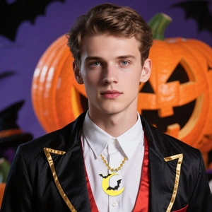 Detail of Halloween glowing necklace with yellow moon and black bat pendant on model