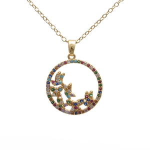 Minimalist gold necklace featuring a round pendant with colorful zircon butterflies