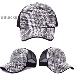 Three-angle view of black baseball cap with sparkling rhinestones and mesh back
