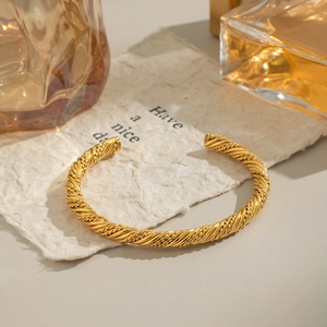 Vintage 18K gold plated stainless steel twisted rope open cuff bracelet for women