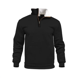 Men's black waffle knit 1/4 zip pullover sweatshirt with fleece lining and pocket