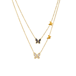 Double-layered gold stainless steel necklace with blue enamel and white shell butterfly charms