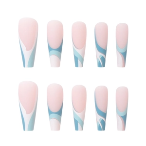 Long coffin press-on nails with blue and white abstract French swirl patterns on pink base