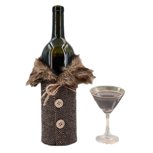 Christmas wine bottle cover with brown herringbone fabric and faux fur collar decoration
