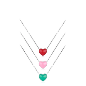Three minimalist s925 silver heart necklaces with red, pink, and green enamel pendants