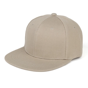Detail shot of khaki hip-hop snapback hat showing twill cotton texture and stitching