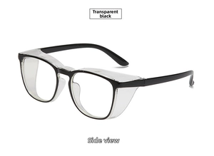 Side view of anti-pollen safety glasses with transparent black frames and side shields