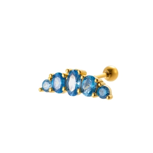 Gold stud earring with five blue zircons in curved design and screw-back closure