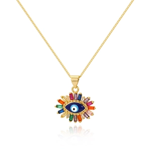 18K gold plated necklace with evil eye pendant and colorful rectangular zircons