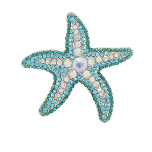 Sparkling starfish brooch featuring green and blue rhinestones on a gold metal base